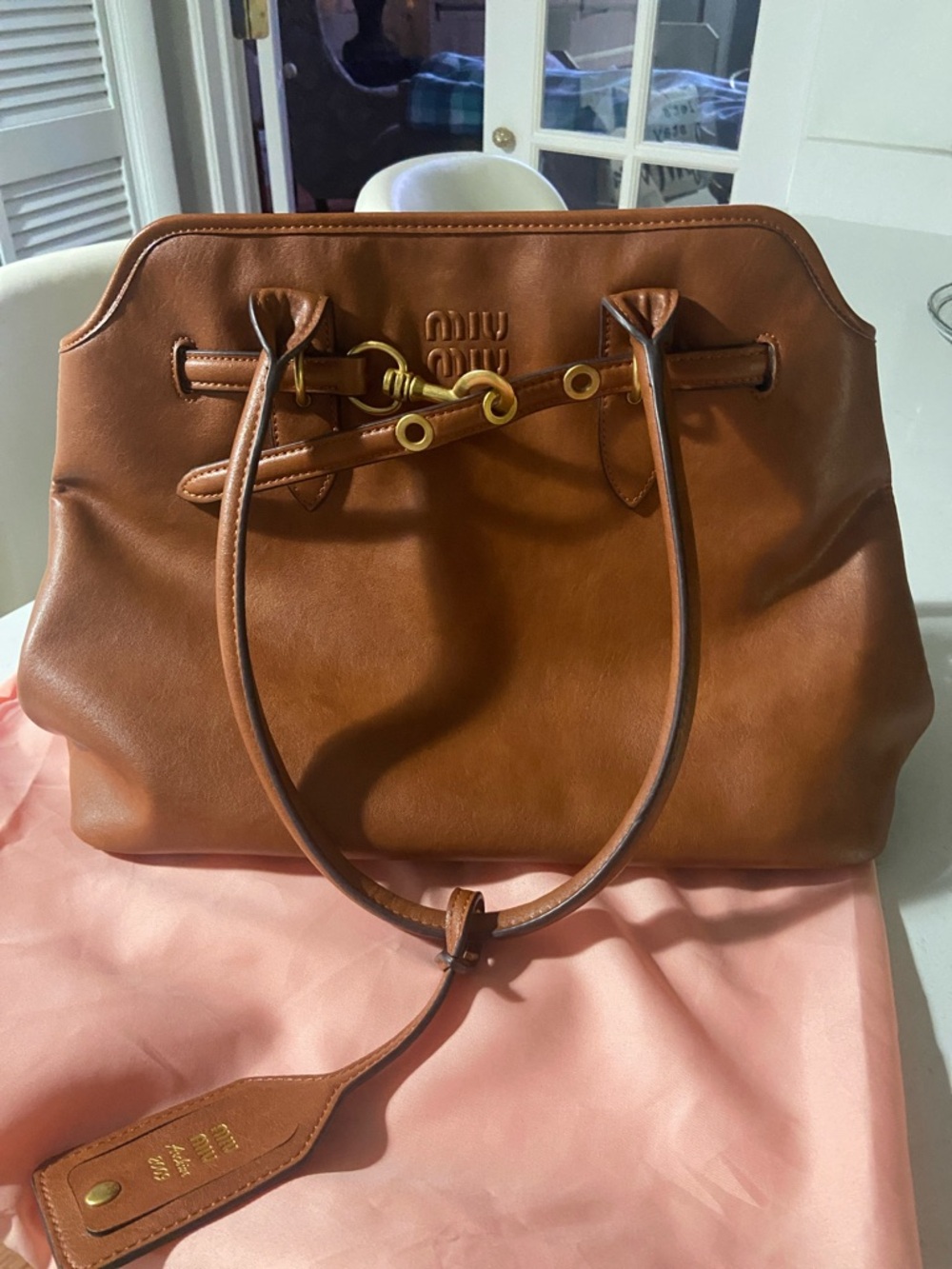 Miu Miu Cognac Brown Leather Tote with Gold Hardware